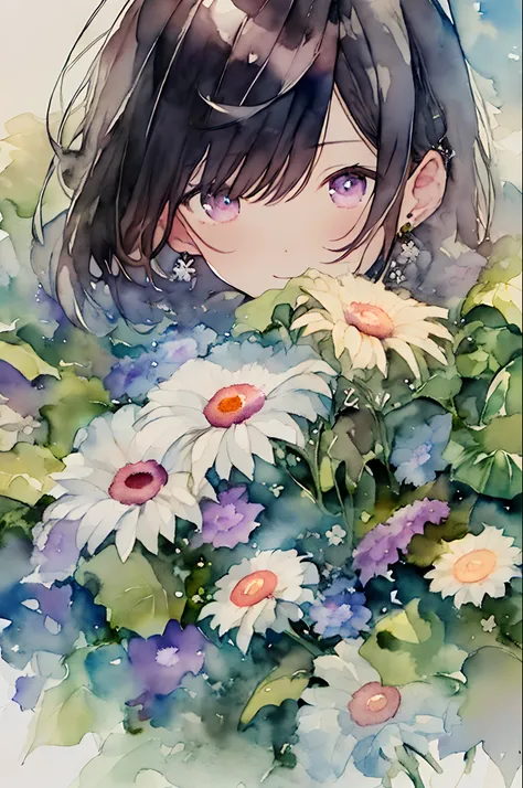 (watercolor paiting:1.2),1girl in, 独奏, florals, gerbera,hitornfreckles, portraitures, fronds, bangss, signed, Purple flowers, brown haired, length hair, verd s eyes, hair between eye, Flower earrings、natta、Moon Night、mystical