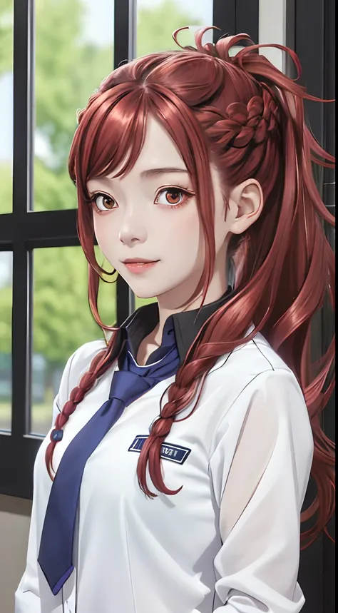 kaede, long hair, clenched hands, necktie, blush, looking at viewer, red eyes, blurry background, smile, ponytail, red hair, win...