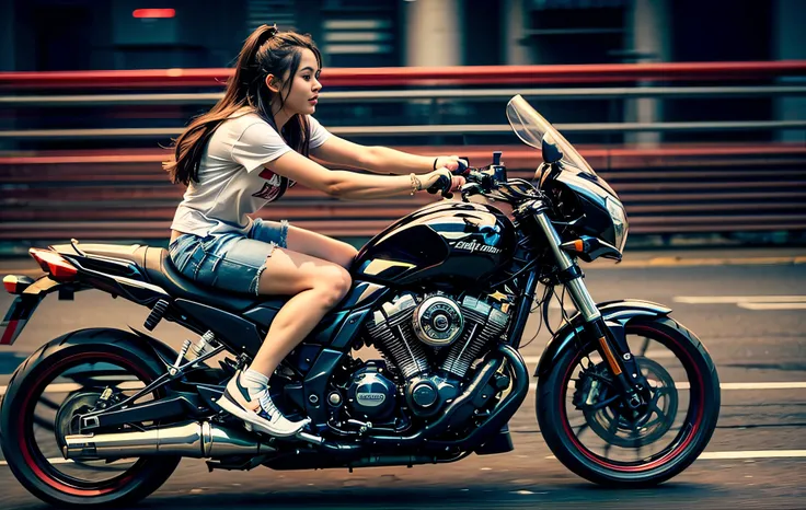 (Best Quality), Masterpiece, Ultra-high-resolution photos,1 Cute Girl, Big motorcycle ride, a white T-shirt, Ripped jeans, White sneakers, Motorcycles driving through the city at high speed, (slow motion: 1.3), (motion blur: 1.4), (Speed Line: 1.4), sense ...