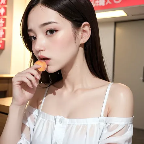 profile、Underwear、She is eating a big corn dog、Undressing 、Head tilt, (flat chest)、(((White drool)))、Open_Mouth、(Wet)、(13 only）、Fashion trendy beautiful and attractive beautiful girl、Gentle and attractive Chinese beautiful girl、charming oval face、二重まぶた、Sma...