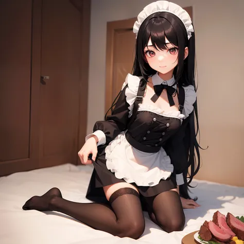 Black longhair loli, wearing a maid outfit, Kneeling, Legs and five fingers, More meat, Cute 2D, backgroundbacklitHD ，top-quality，Beautiful Beautiful Girl，超A high resolution，smil，