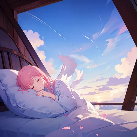 angel sleeping in a cloud bed in the sky, peaceful, cozy