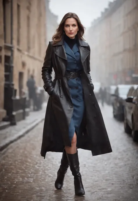 Black leather gloves, trench coat, weather forecast, female caster, long boots