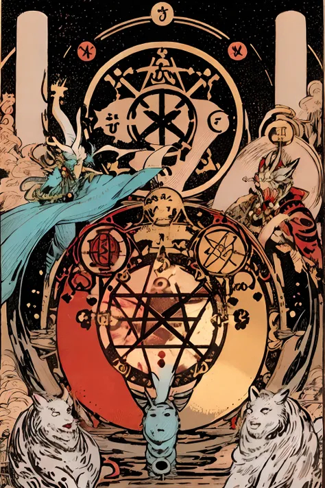 tarot card, magic circle, Big Japanese words and characters