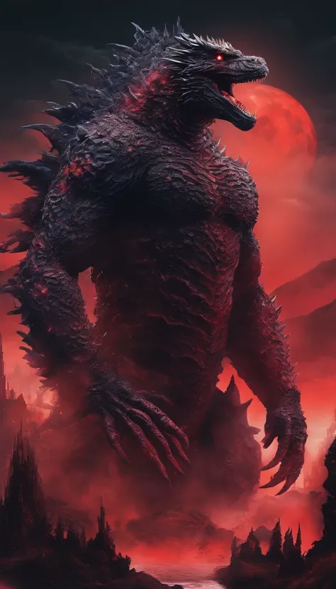 Strange monsters in a fantasy world，Godzilla，Blood，Covered with thick spikes，Moon Night，中景 the scene is，Full body like， highly detailed surreal vfx，oc rendered，Shot with 70 mm - AR 16:9 --q 2 --s 1000