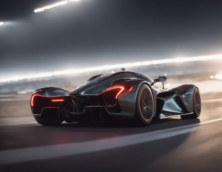 racing down the runway in a futuristic, racing car.