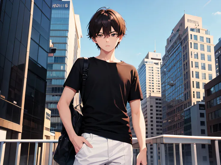 1boy, brunette, black eyes, wearing plain anime T-shirt, city, high res, ultrasharp, BK, masterpiece, looking at viewer