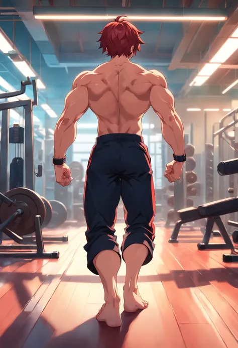 (highres:1.2,HDR) detailed illustration, Yuijiro Hanma, red-haired, black pants, demonic aura, extremely muscular and defined back, focusing on his back, in a gym, anime, Baki