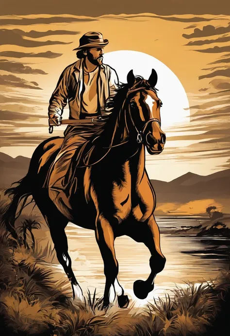 print-ready vector t-shirt design, cena de aventura com cavalo de frente correndo, com belo sol noturno e montanha ao fundo, fundo branco limpo, vetor profissional, tiro completo, 8K resolution, Deep print illustration