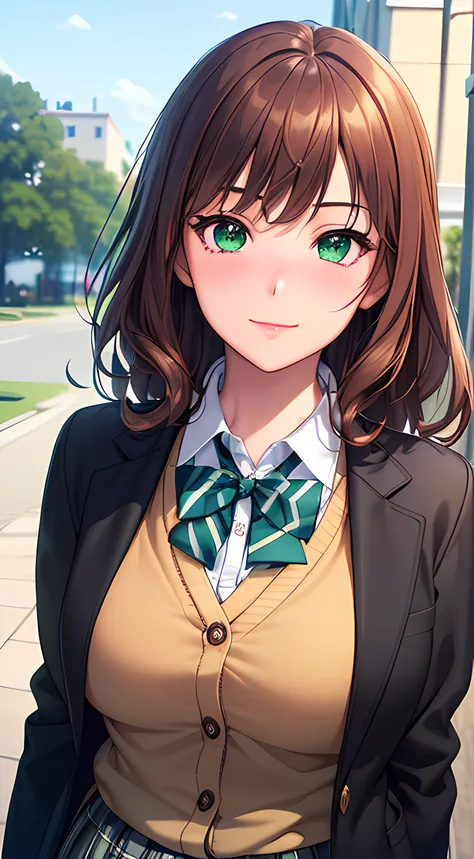 ((masterpiece, best quality, highres, UHD, perfect pixel, depth of field, 4k, RTX, HDR))), 1girl, single, solo, beautiful anime girl, beautiful artstyle, anime character, ((long hair, bangs, brown hair, curly hair:0.8)), ((green eyes:1.4, rounded eyes, bea...