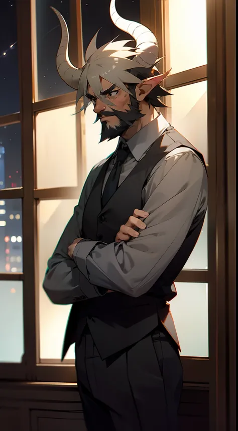 1man,solo,40s,gray beard,neutral face,teacher outfit, gray hair,short hair,black eyes, horns,standing in front of a window, nigh...