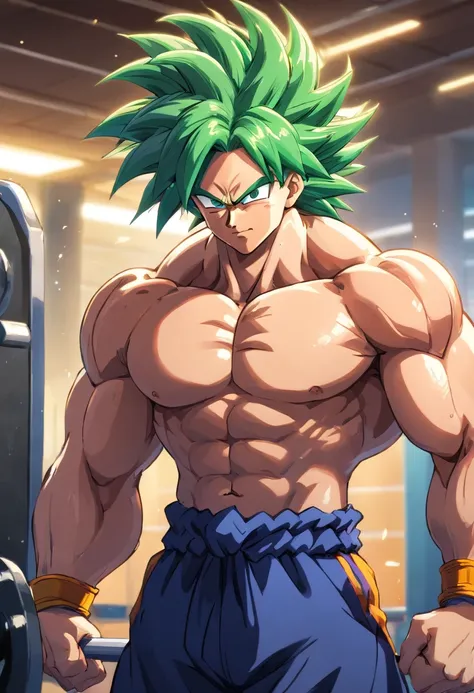 Broly Super Saiyajin, masculino, Dragon ball z, Working out hard in a bodybuilding gym, Triceps exercises, focus on triceps, defined and detailed muscles, expression serious