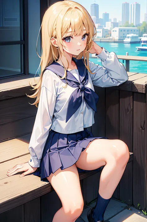 1 girl in、Cute Beautiful Girl、((Show off your thighs))、(Japan schoolgirl uniform)、(in a white shirt)、((Navy blue micro mini skirt))、(Flipping skirt)、(a blond)、(17 age)、summer clothing、lightsmile、sitting on、(Opening legs)、the pose、(school classrooms)、top-qu...