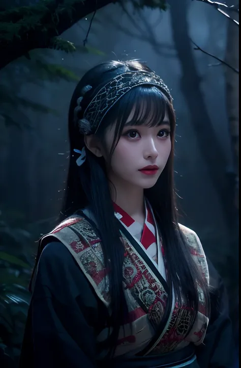 8K, Raw photo, Photorealistic, Realistic, (Detailed skin, Best Quality:1.2), ((Ainu folk costume, black long hair:1.4, short bangs)), Japanese lady at night, (Fairer skin, skinny body), (foggy forest at night:1.3), dramatic dark lighting