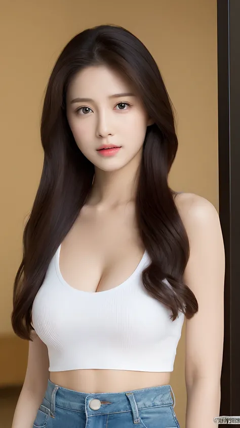 （Lifelike， A high resolution：1.3）， 1 girl with a perfect body， Super fine face and eyes，long whitr hair， Tank top of random colors：1.2， short jeans pants， Bigboobs，Expose cleavage