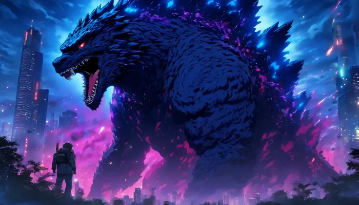 Strange monsters in a fantasy world，Godzilla，A coarse laser sprays out of the mouth，Blood，Covered with thick spikes，Moon Night，中景 the scene is，Full body like， highly detailed surreal vfx，oc rendered，Shot with 70 mm - AR 16:9 --q 2 --s 1000