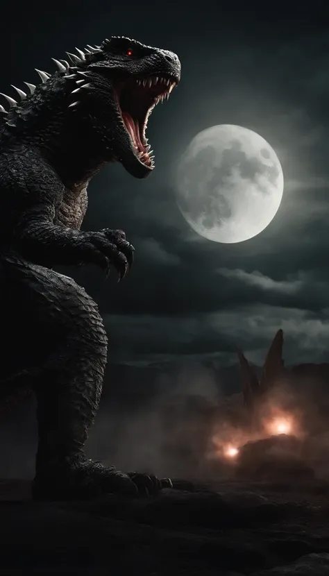 Strange monsters in a fantasy world，Godzilla，A coarse laser sprays out of the mouth，Blood，Covered with thick spikes，Moon Night，中景 the scene is，Full body like， highly detailed surreal vfx，oc rendered，Shot with 70 mm - AR 16:9 --q 2 --s 1000