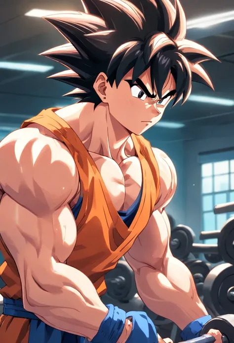 Son Goku, Super Saiyajin, masculino, Dragon Ball Z, Working out hard in a bodybuilding gym, Biceps exercises, non-biceps focus, defined and detailed muscles, expression serious