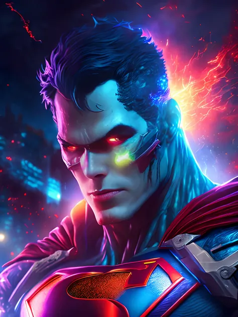 Retrato sombrio do Zombie Cyborg Superman da DC, extremamente detalhado, futuristic cityscape, noite, glowing neon lights, smoke billowing, Sparks, Metal shavings, detritos voadores, efeitos da energia azul, volumetric light