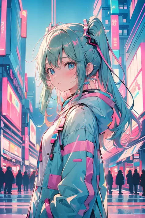 1girl, miku nakano, upper body, mall, futuristic, pastel colors, looking at viewer, neon lights, neon trim, fighting stance, pin...