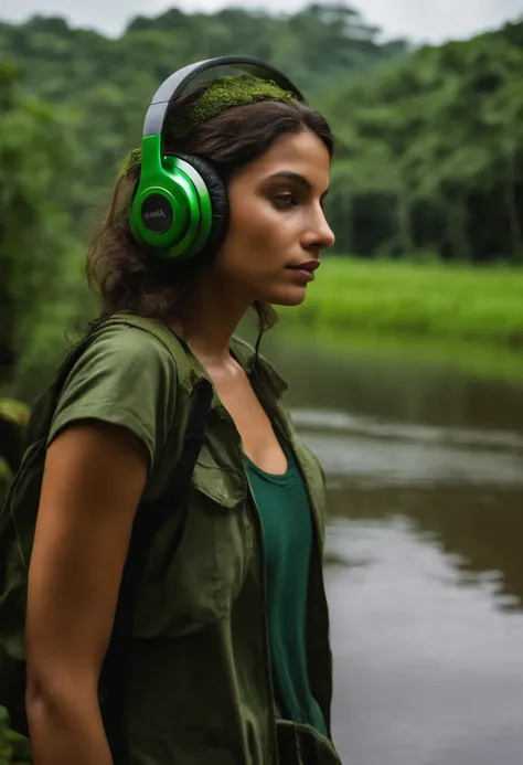 rana adolescente verde cuerpo realista foto, caminar con auriculares en la cabeza, Amazon Rainforest, Very green river in the background of the scene --auto --s2