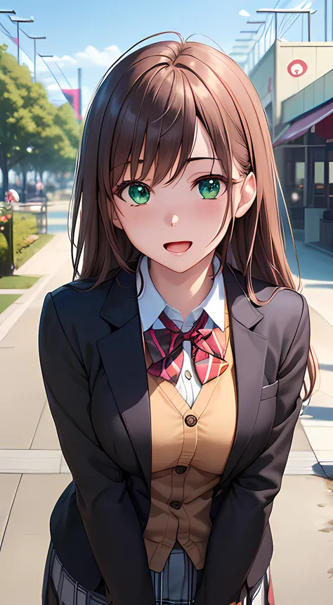 ((masterpiece, best quality, highres, UHD, perfect pixel, depth of field, 4k, RTX, HDR))), 1girl, single, solo, beautiful anime girl, beautiful artstyle, anime character, ((long hair, bangs, brown hair, curly hair:0.8)), ((green eyes:1.4, rounded eyes, bea...