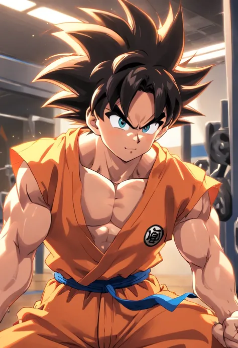 Filho Goku, ((((Super Saiyajin 3))), masculino, Dragon ball z, Working out hard in a bodybuilding gym, Biceps exercises, Biceps focus, defined and detailed muscles, expression serious