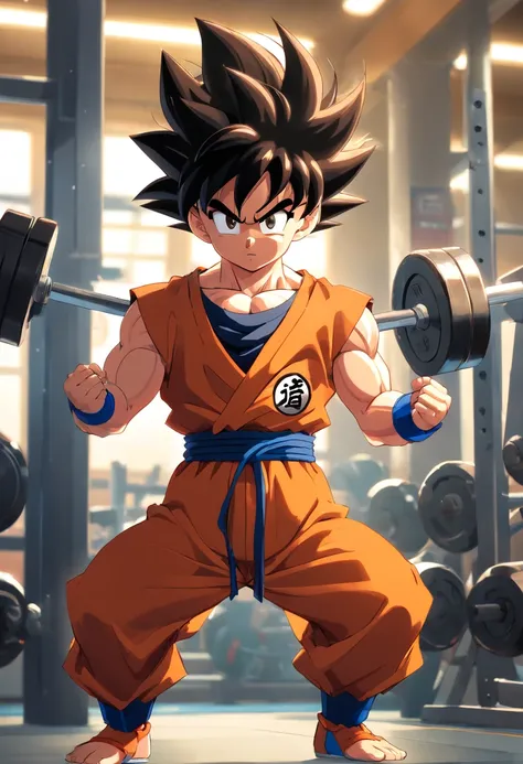 Filho Goku, ((((Super Saiyajin 3))), masculino, Dragon ball z, Working out hard in a bodybuilding gym, Biceps exercises, Biceps focus, defined and detailed muscles, expression serious