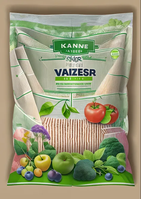 A kind of vertical fertilizer packaging bag，stereograms，The bag has folded edges，There are fruits and vegetables，There are English letters，k hd，hyper HD，16k，Morandi color matching