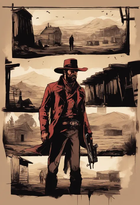 "(best quality, highres),Red dead redemption style,dark room,western style outlaws, 6 men,IN A DARK ROOM,Interior,standing in front of a table,cowboy hats,revolvers,cigarettes,narrow beam of light,atmospheric shadows,leather jackets and vests,old wooden ta...