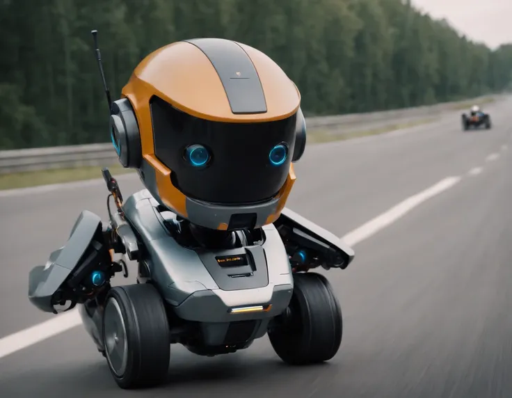 a futuristic, Chappie-esque racing robot racing down the runway