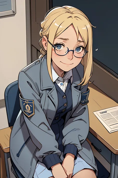 cute,blonde,blue spects, 1 16 year old girl, solo, in classsroom ,tension,lost in her toughts,smiles,sleepy,uniform,clean and tidy class, grey coat,full sleeves shirt ,sitting in a desk,confused,alone,look down , shy,stressed,looks up,shocked