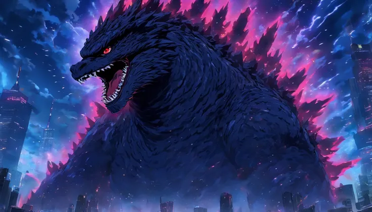 Strange monsters in a fantasy world，Godzilla，A coarse laser sprays out of the mouth，Blood，Covered with thick spikes，Moon Night，中景 the scene is，Full body like， highly detailed surreal vfx，oc rendered，Shot with 70 mm - AR 16:9 --q 2 --s 1000