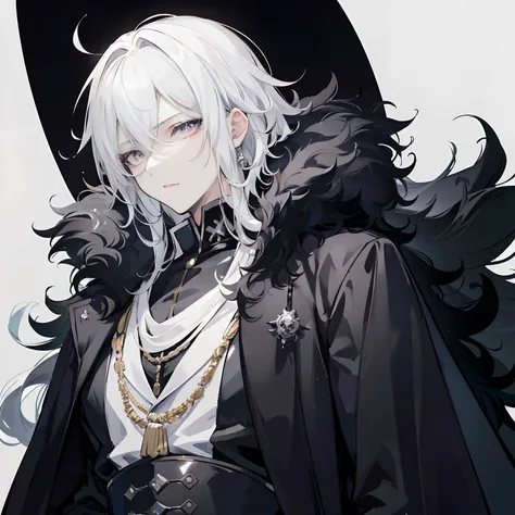 anime boy(old man),muscular,wearing royal uniform,a regal fur cape,black and white motif,wearing a theatric black and white mask,silver slitshaped eyes