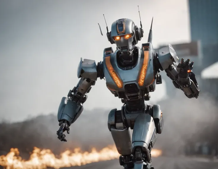 rushing down the runway, devilish looking, futuristic, Chappie robot style racing robot