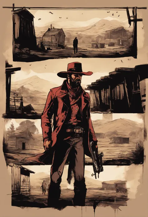 "(best quality, highres),Red dead redemption style,dark room,western style outlaws, 6 men,IN A DARK ROOM,Interior,standing in front of a table,cowboy hats,revolvers,cigarettes,narrow beam of light,atmospheric shadows,leather jackets and vests,old wooden ta...