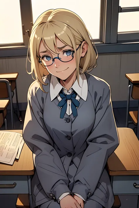 cute,blonde,blue spects, 1 16 year old girl, solo, in classsroom ,tension,lost in her toughts,grin,sleepy,uniform,clean and tidy class, grey coat,full sleeves shirt ,sitting in a desk,confused,alone,look down , shy,anxious,looks away,shocked,disappointed,u...