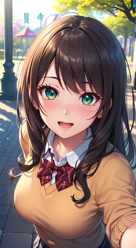 ((masterpiece, best quality, highres, UHD, perfect pixel, depth of field, 4k, RTX, HDR))), 1girl, single, solo, beautiful anime girl, beautiful artstyle, anime character, ((long hair, bangs, brown hair, curly hair:0.8)), ((green eyes:1.4, rounded eyes, bea...