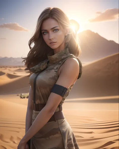 1girl, superb, elegant colors, (realistic, high detail, masterpiece, ultra-detailed, dynamic angle, amazing, cinematic lighting, illustration, chiaroscuro, backlight, god light, holland, best quality, best quality, wearing tight desert camouflage vest, wea...