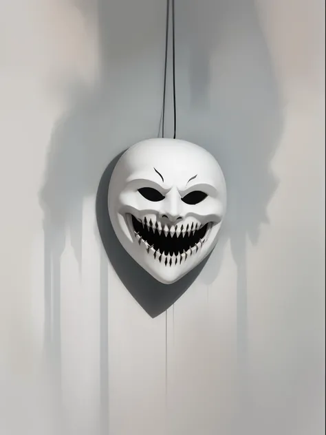 Circular white mask with no eyes and a wide sinister smile, horror, scary, creepy. mask hanging in the air with nobody holding it.