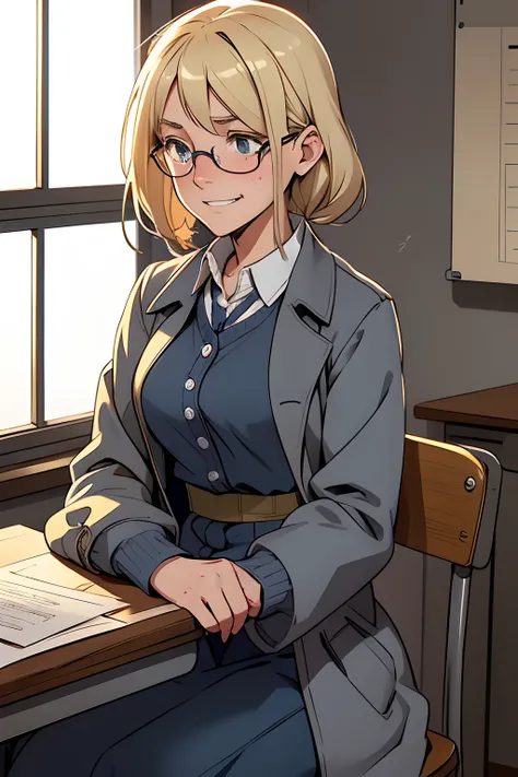 cute,blonde,blue spects, 1 16 year old girl, solo, in classsroom ,tension,lost in her toughts,grin,sleepy,uniform,clean and tidy class, grey coat,full sleeves shirt ,sitting in a desk,confused,alone,look down , shy,anxious,looks away,shocked,disappointed,u...