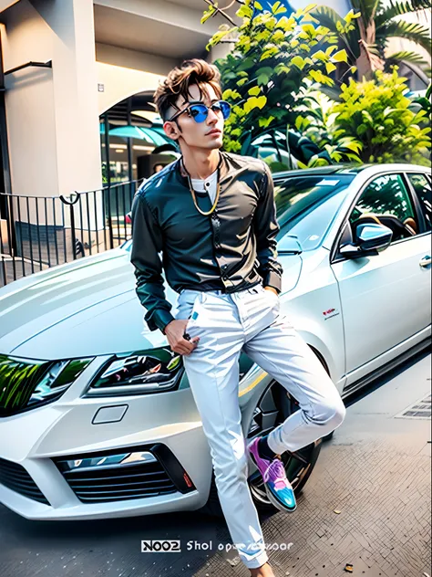 arafed man leaning on a car with a necklace and sunglasses, with a cool pose, looking heckin cool and stylish, assamese aesthetic, full body picture, riyahd cassiem, high quality picture, mohamed chahin style, aesthetic shot, highly aesthetic, smooth in _ ...