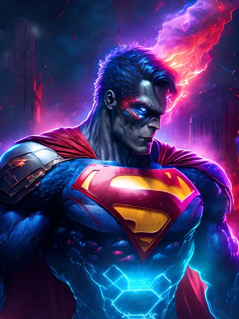 Retrato sombrio do Zombie Cyborg Superman da DC, extremamente detalhado, futuristic cityscape, noite, glowing neon lights, smoke billowing, Sparks, Metal shavings, detritos voadores, efeitos da energia azul, volumetric light