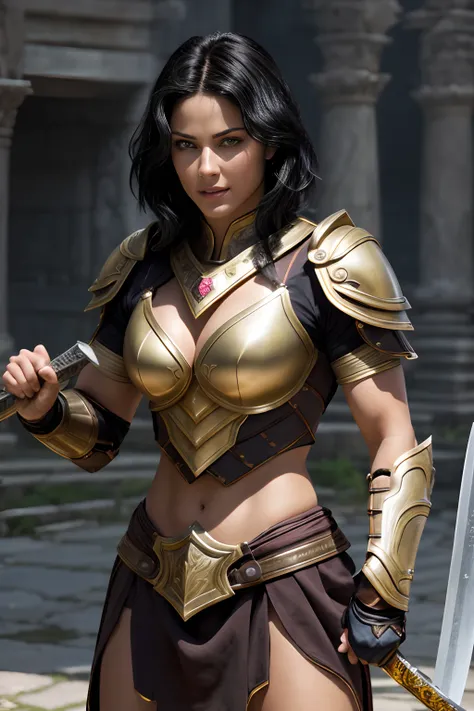 ((Offensive Stance)), ((wielding sword)), Camera eyes:1.3, (Highest Quality:1.4), (the best ever), (Ultra High Quality), (Ultra realistic 8K CG), Official art, Pose Seductive, Female gladiators, a beautiful woman warrior, (Alyssa Sutherland:Janine Garofalo...