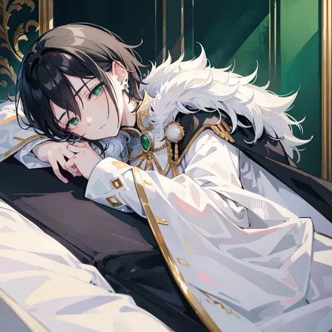 anime boy(12yrs),black hair,wearing a white regal uniform with a fur cape,green eyes,an earring on his left ear with an emerald on it,sleeping on a table ,palace room background