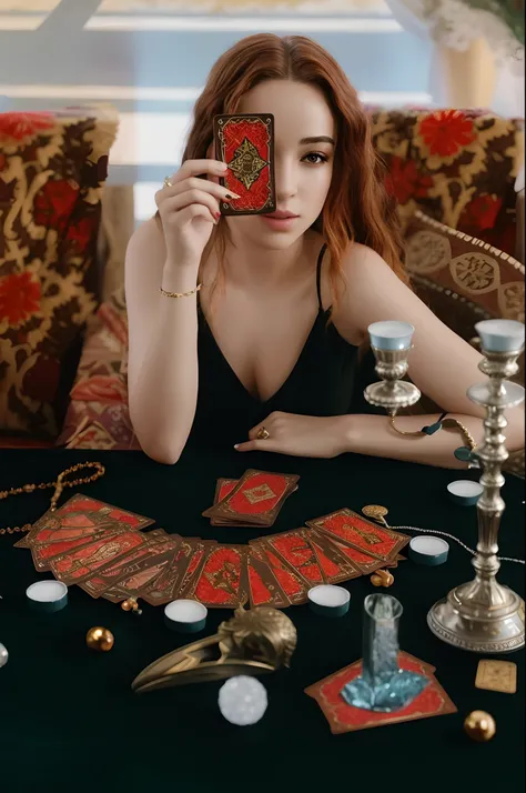 Cinematic hyperrealistic image of an arafed woman sitting at a table with a tarot card and a bunch of jewelry, tarot card enviroment, tarot style, wizard doing a tarot reading, tarot card style, adivinho, Tarot cards, floating tarot cards, Directed by: Jul...