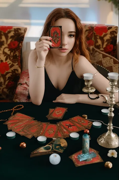 Cinematic hyperrealistic image of an arafed woman sitting at a table with a tarot card and a bunch of jewelry, tarot card enviroment, tarot style, wizard doing a tarot reading, tarot card style, adivinho, Tarot cards, floating tarot cards, Directed by: Jul...