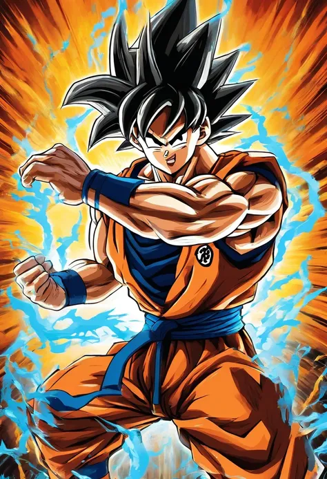 (best quality,ultra-detailed)(realistic,photo-realistic:1.37)A powerful and heroic image of Goku from Dragon Ball Z, a legendary anime character. Goku is portrayed in a medium resembling an illustrative style. His muscular physique and spiky hair are empha...