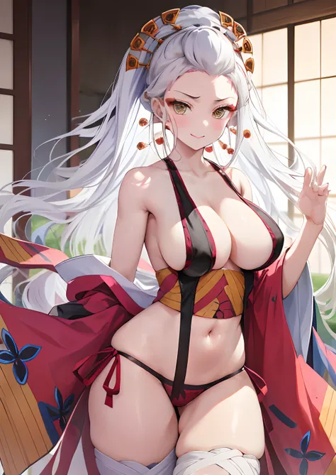 ​masterpiece, top-quality, DakiV4, 1girl, 独奏, length hair, breastsout, a smile, (white  hair)), hair adornments, Indoors, V, Japan architecture, thighs thighs thighs thighs, a navel, cleavage of the breast, Very long hair, undergarment, panties on,