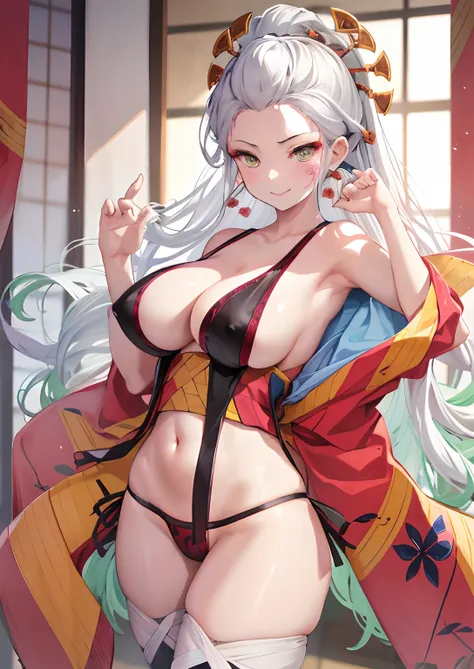 ​masterpiece, top-quality, DakiV4, 1girl, 独奏, length hair, breastsout, a smile, (white  hair)), hair adornments, Indoors, V, Japan architecture, thighs thighs thighs thighs, a navel, cleavage of the breast, Very long hair, undergarment, panties on,